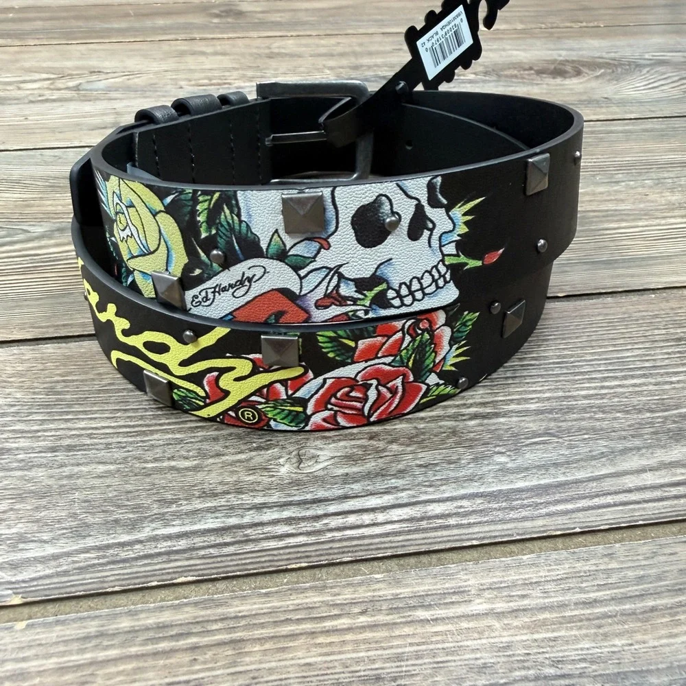 Ed Hardy Mens Size 42 Belt Black Skull Rose Studded Tattoo Graphic New